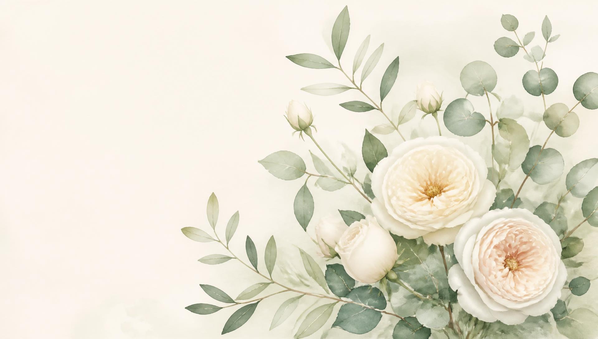 Soft watercolor eucalyptus branches and pale garden roses